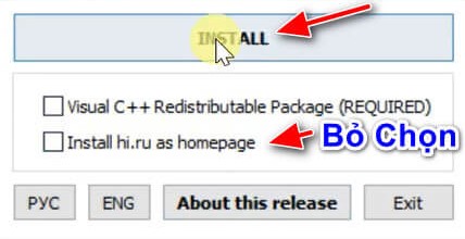 Bỏ chọn các ô và click Install