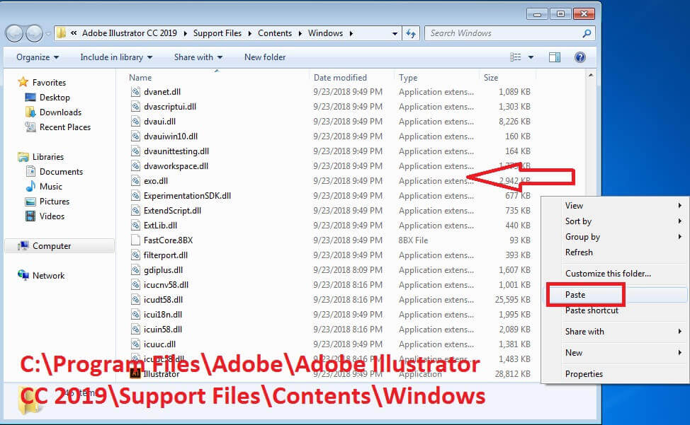 Sau khi copy các bạn Paste file Illustrator.exe vào đường dẫn- C-_Program Files_Adobe_Adobe Illustrator CC 2019_Support Files_Contents_Windows như hình dưới