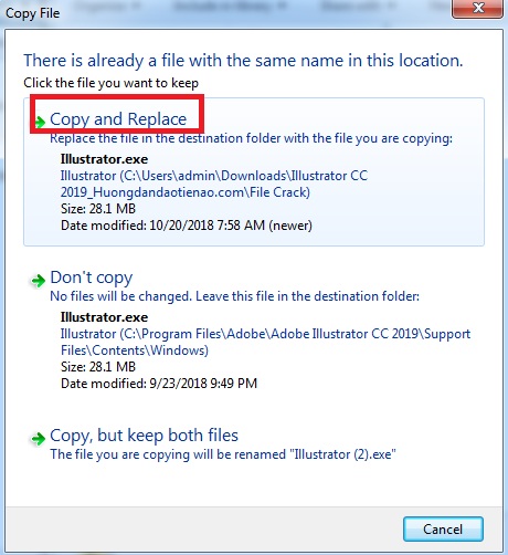 Sẽ có thông báo copy đè lên file cũ các bạn nhấn Copy and Replace để cho nó copy đè nhé-